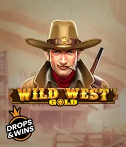  Encounter the rugged sheriff of "Wild West Gold," a thrilling slot game by Pragmatic Play. The graphic depicts a determined sheriff with a golden star badge, set against a dusty Old West town backdrop. The game's title is boldly featured in a classic font, accentuating the Wild West adventure theme. 