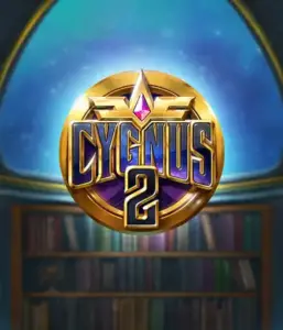 Discover the enchanting graphics of ELK Studios' Cygnus 2 Slot, showcasing a spectacular golden emblem with a shining purple and gold design. With a backdrop of a celestial library setting, this image conjures the spirit of exploration and mystery. 